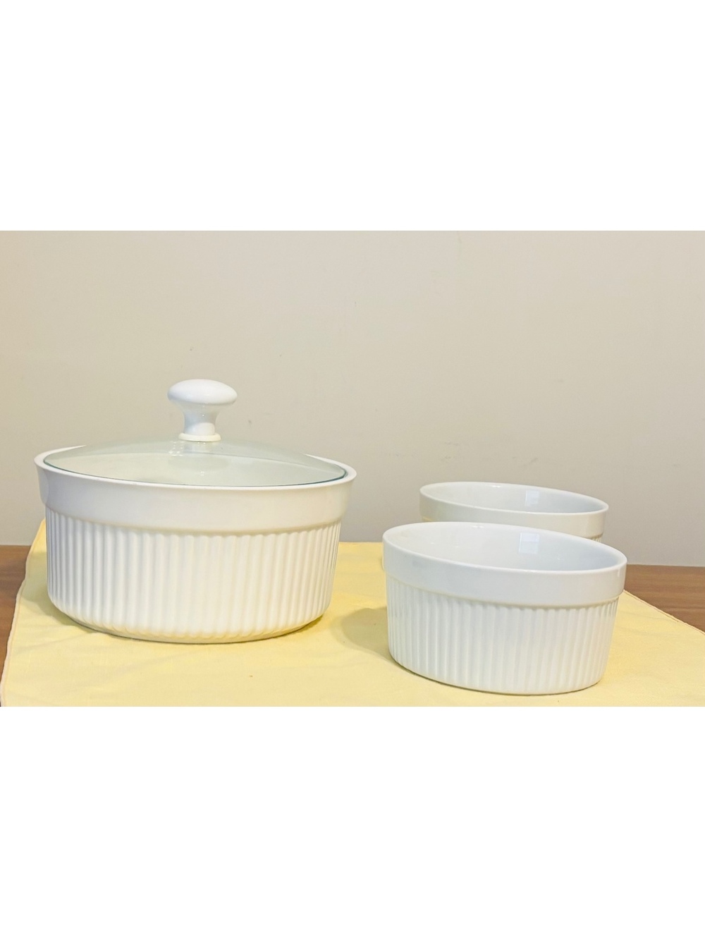 White ribbed Farberware casserole dish with 2 Pier One 1990s ramekins